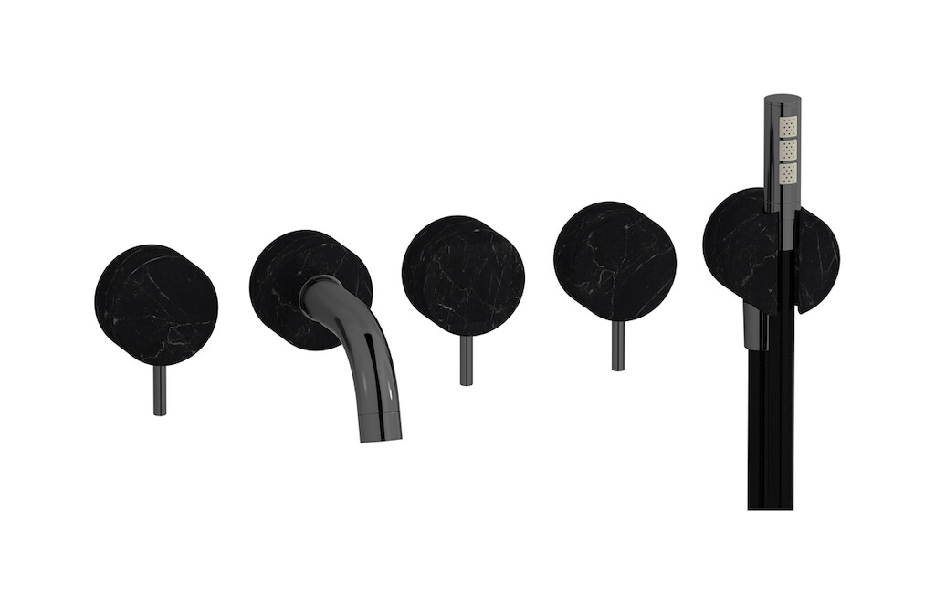 Настенный смеситель для ванной на 5 отверстий с дивертером и душевым гарнитуром. WE ARE IB mr398cf_2 Black Chrome Marmo