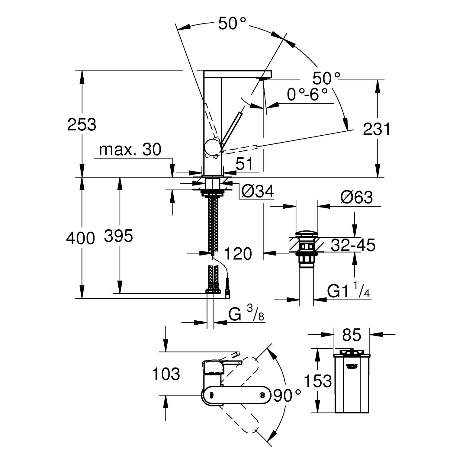 Смеситель для раковины GROHE Plus Digital с индикатором температуры и сливным гарнитуром, хром (23959003) - Вид №1