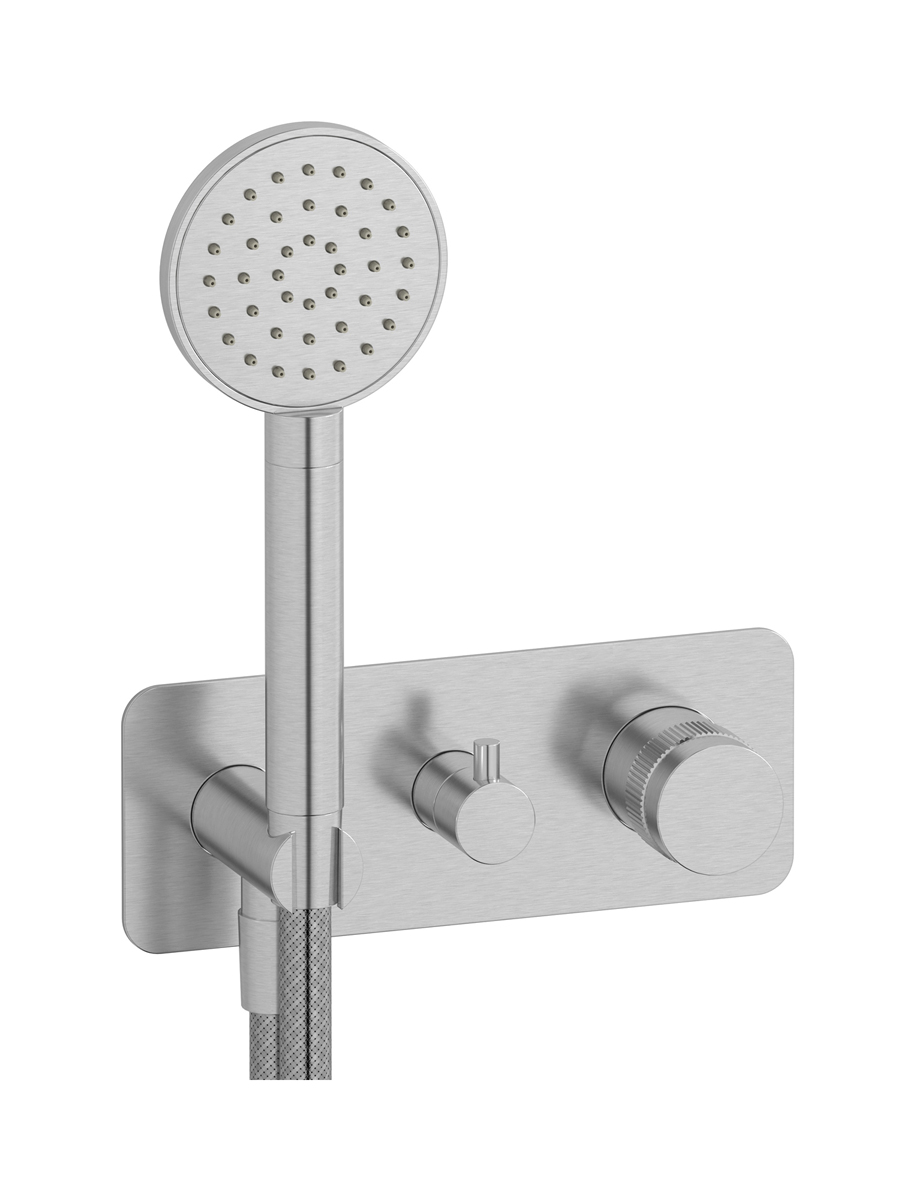 Прогрессивный настенный смеситель для душа на 3 потребителя со встроенным душевым гарнитуром. WE ARE IB rx314ss Brushed Nickel Reflex