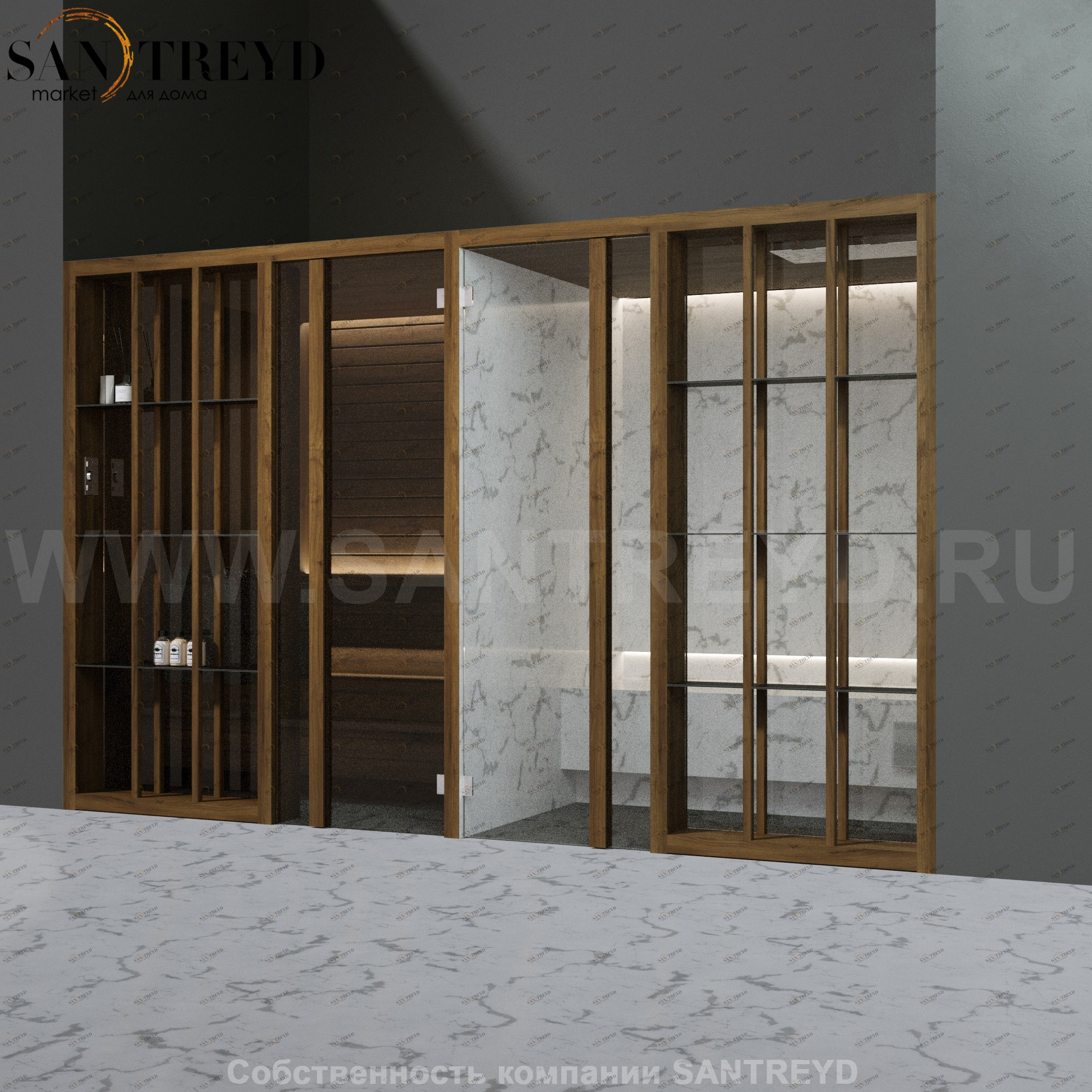 Effegibi YOKU.S SH YO.10310001 Комбинированная баня: хаммам и сауна. Установка: в нишу. Мощность: 10,5 кВт макс. Размеры: длина 342 см, ширина 170 см. Отделка: чёрный орех и светлый керамогранит YO10310001