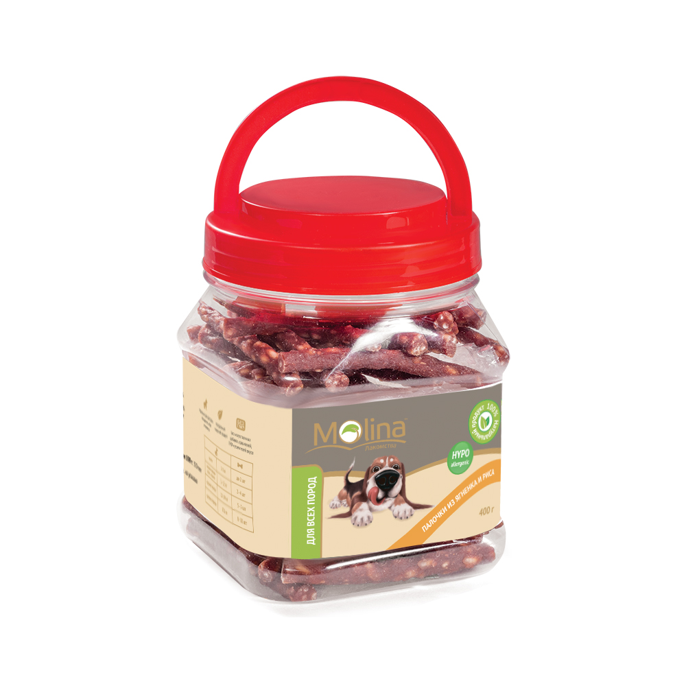 ПР0058747 Лакомство для собак Палочки из ягненка и риса 400г Molina 