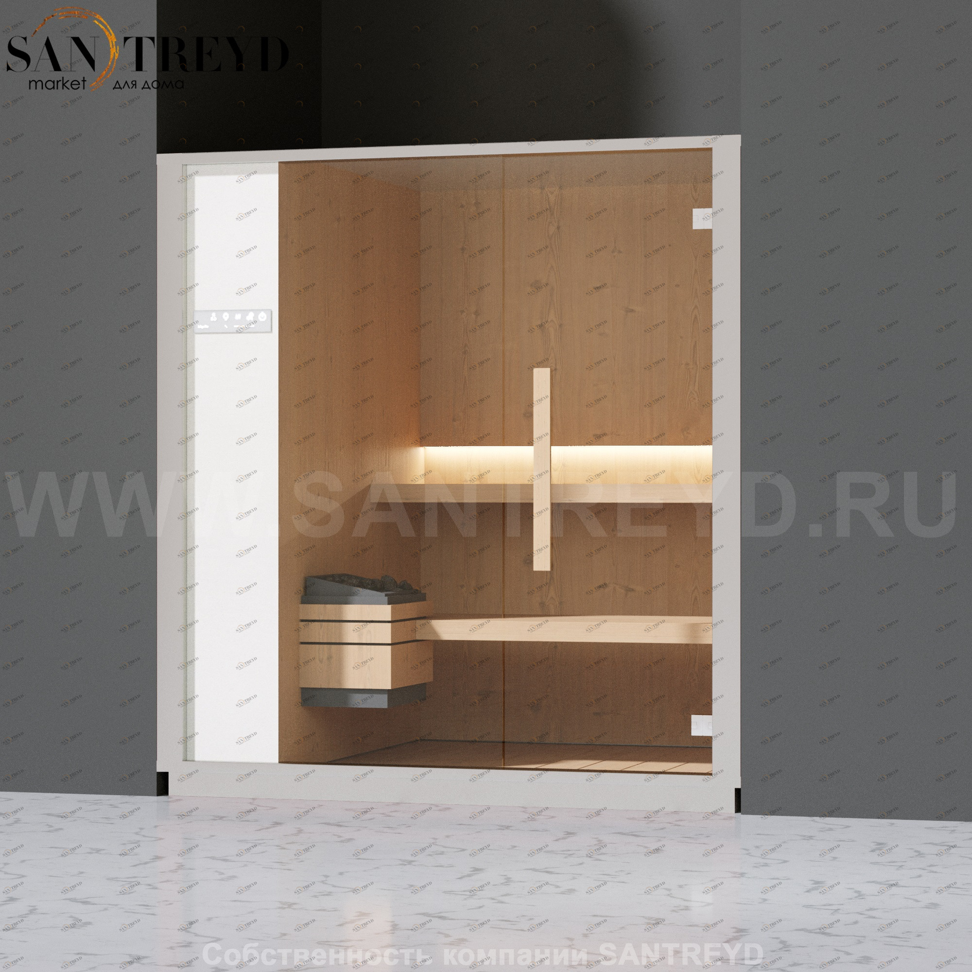 Effegibi ONE S LO50020010 Сауна. Установка: в нишу. Левая дверь. Мощность: 6 кВт макс. Размеры: длина 214 см, ширина 171 см. Отделка: канадский хемлок, матовый лакированный серый аллюминий и бежевый ламинат из керамогранита.