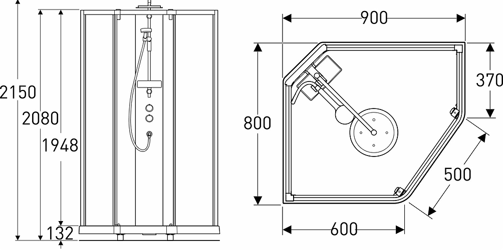 558.308.00.2 IDO Showerama 10-5 900x800 Pentagon Comfort, заднее стекло IDO Showerama пятиугольное, профили из матового алюминия / матовое стекло, 900x800 мм  - Вид №1