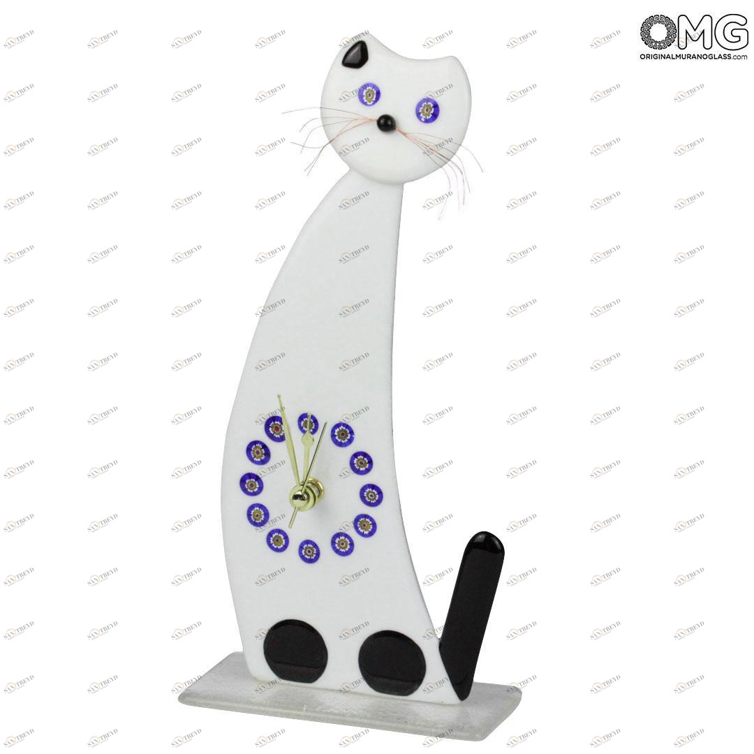 1657 ORIGINALMURANOGLASS Настольные часы Берый Кот - Муранское Стекло 13 см 