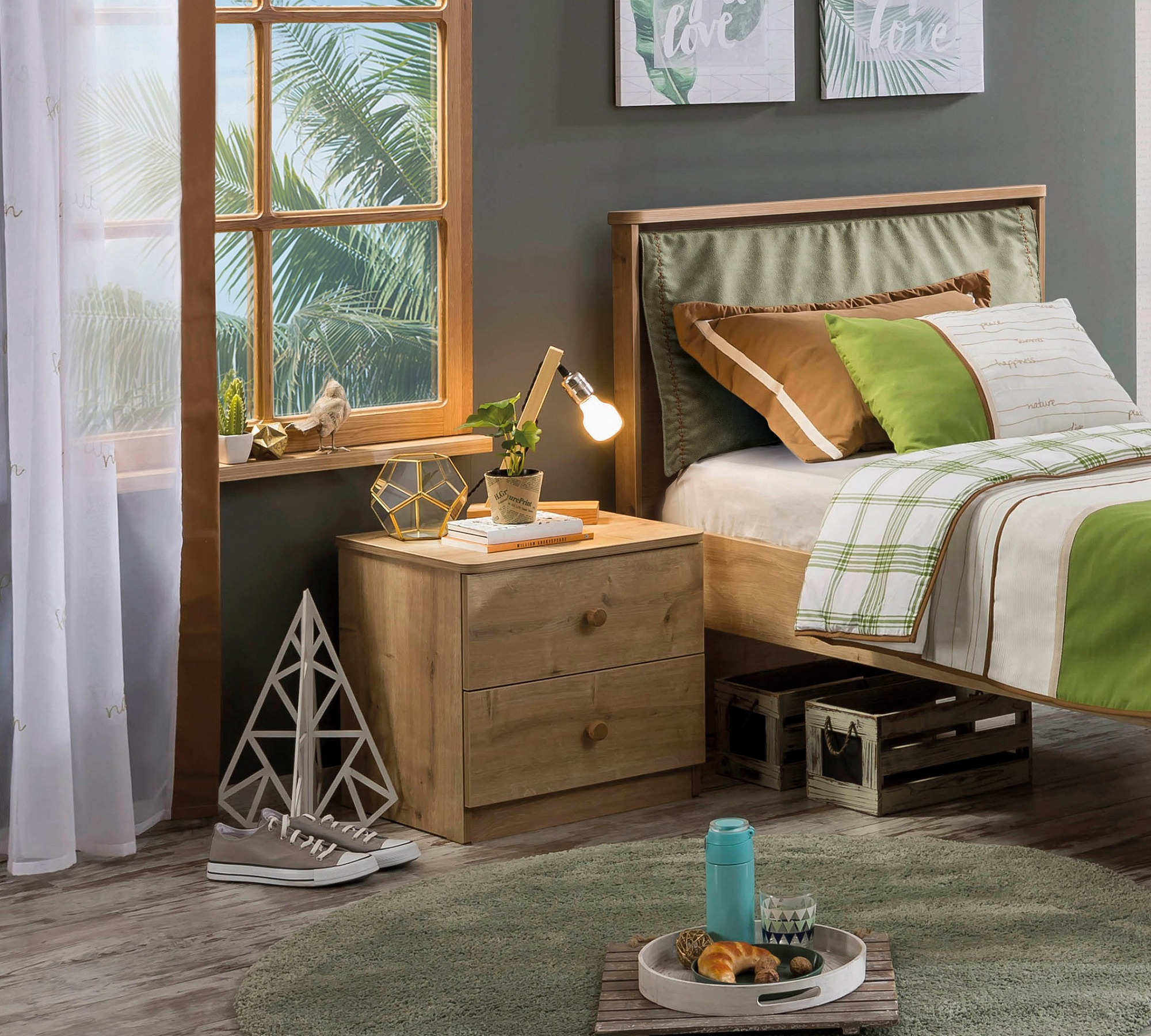 Прикроватная тумбочка узкая с 2 ящиками орех Mocha CILEK MOCHA 00-3832590 Бежевый Santreyd  - Вид №1