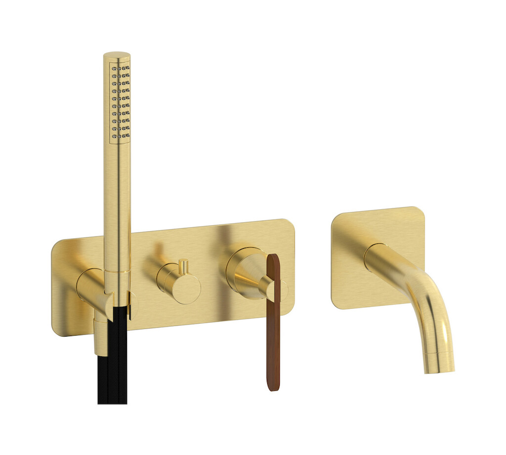 Настенный смеситель для ванной на дивертером и душевым гарнитуром. WE ARE IB ol397sr Brushed Pale Gold Soho