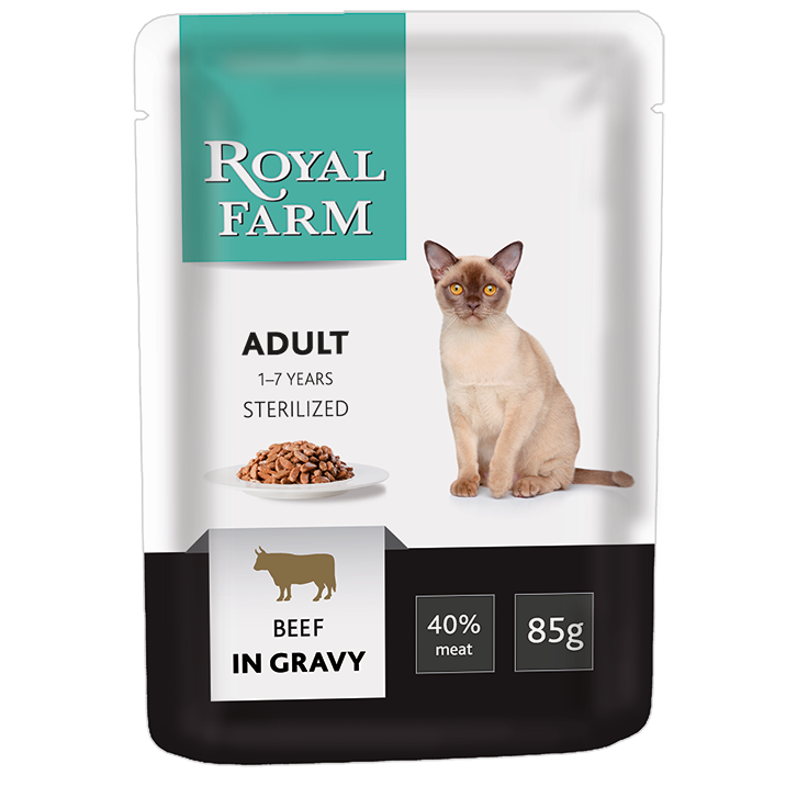 ПР0043292 Корм для кошек для стерилизованных, говядина в соусе пауч 85г ROYAL FARM 