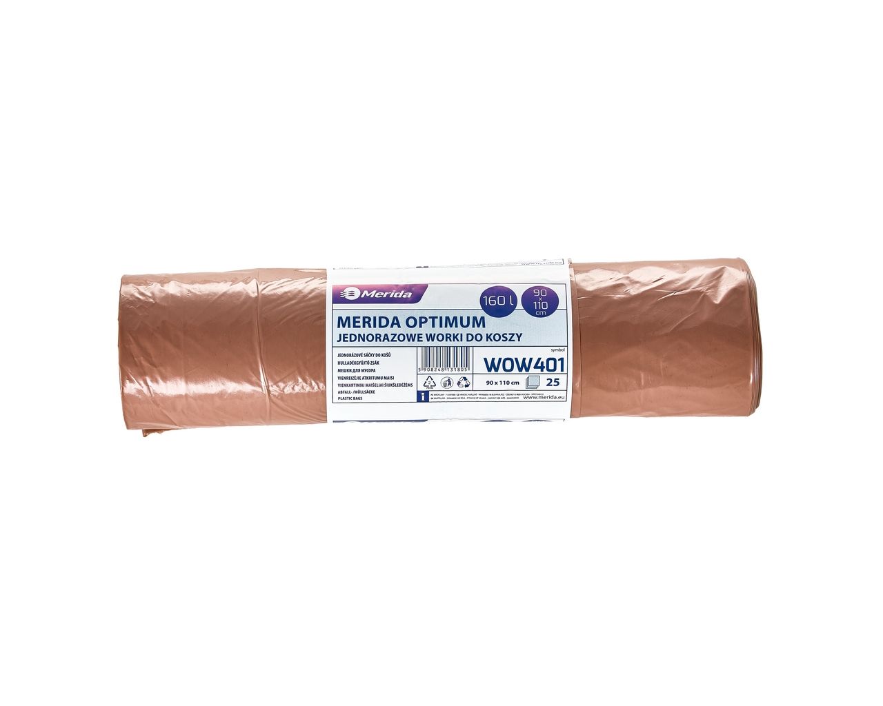 WOW401 Одноразовые мешки для мусора OPTIMUM, 90 x 110 см, вместимость 160 л, рулон 25, КОРИЧНЕВЫЕ, HDPE/LDPE Merida 