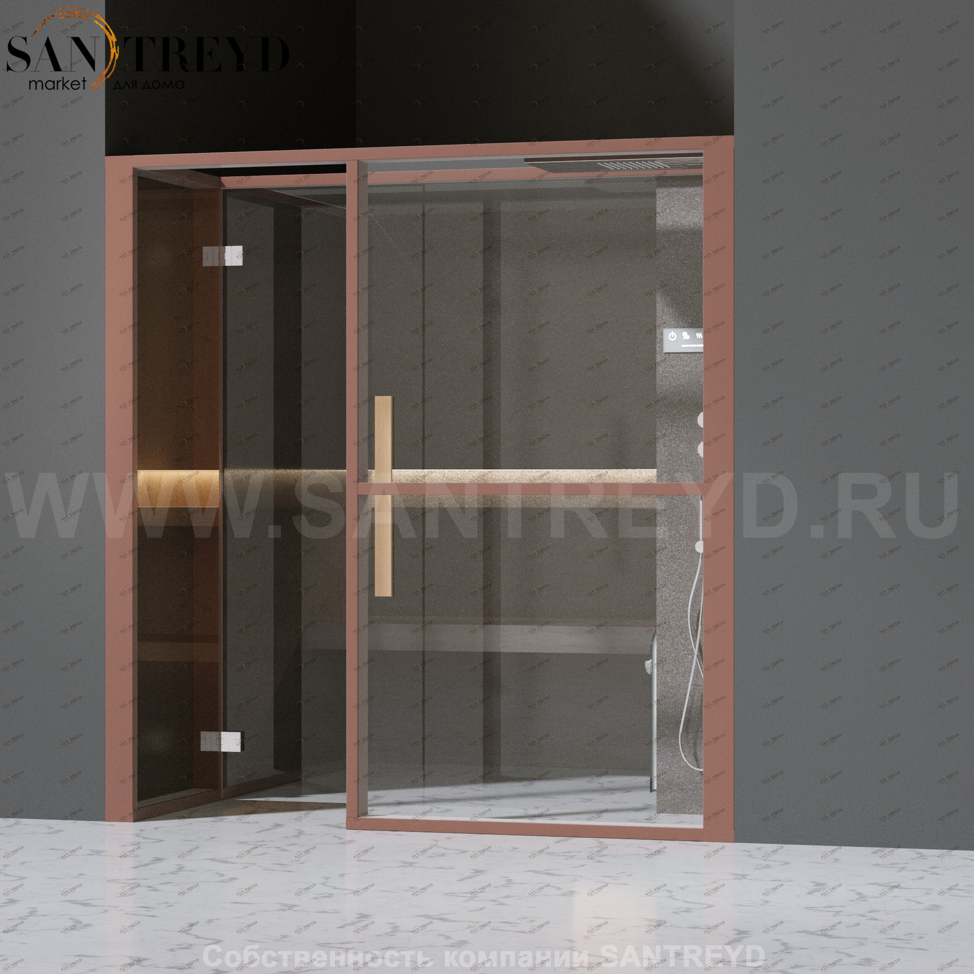 Effegibi LOGICAFILO H LO31030009 Хаммам. Установка: в нишу. Правая дверь. Мощность: 4,5 кВт макс. Размеры: длина 214 см, ширина 250 см. Отделка: матовый лакированный коричневый аллюминий и темный ламинат из керамогранита.