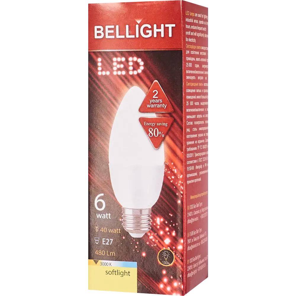 Лампа светодиодная Bellight E27 220-240 В 6 Вт свеча 480 лм, тёплый белый свет 82168006 STLM-2103996  - Вид №3