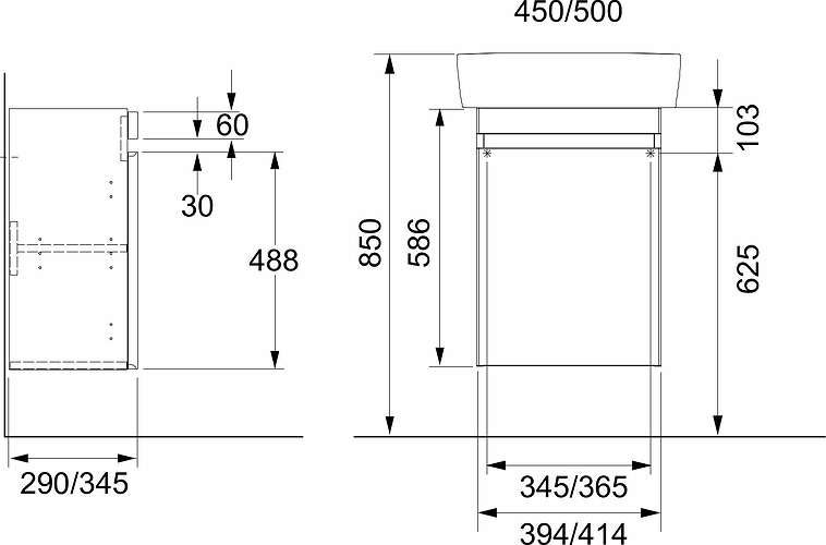 44751 IFO Renova Плоская тумба под раковину, с одной дверцей, W = 394 мм, W1 = 450 мм, T = 290 мм, темно-серый  - Вид №8