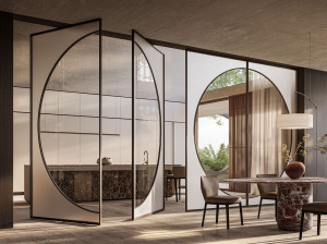 Система раздвижных, поворотных или поворотных дверей из стекла и алюминия