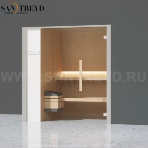 Effegibi ONEFILO S LO51020008 Сауна. Установка: в правый угол. Левая дверь. Мощность: 4,5 кВт макс. Размеры: длина 214 см, ширина 171 см. Отделка: матовый лакированный белый аллюминий и серый ламинат из керамогранита.