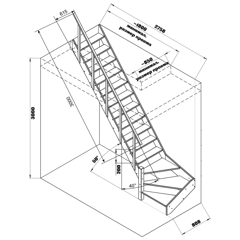 Лестница поворотная 90° деревянная правозаходная 3М ТДВ STLM-2125241 - Вид №3