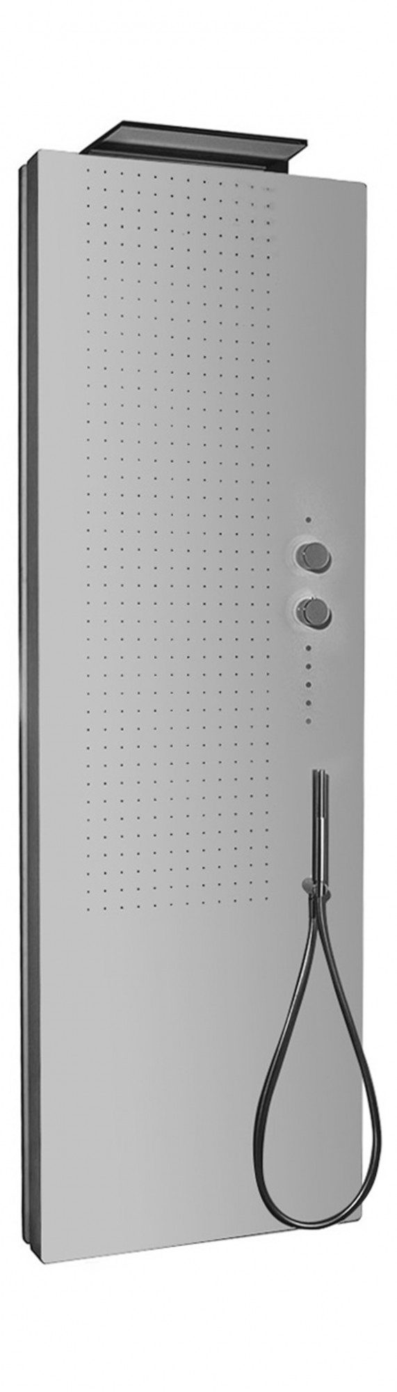 6580+651602  Душевая панельфронтальная панель оборудована: * 504 фронтальные форсунки, размещенные в 4 секторах каскадная душевая лейка ручная лейка термостатический смеситель кнопки управления с подсветкой для активации разных функций (каскад, ручная лей Fantini Rubinetti ACQUAPURA