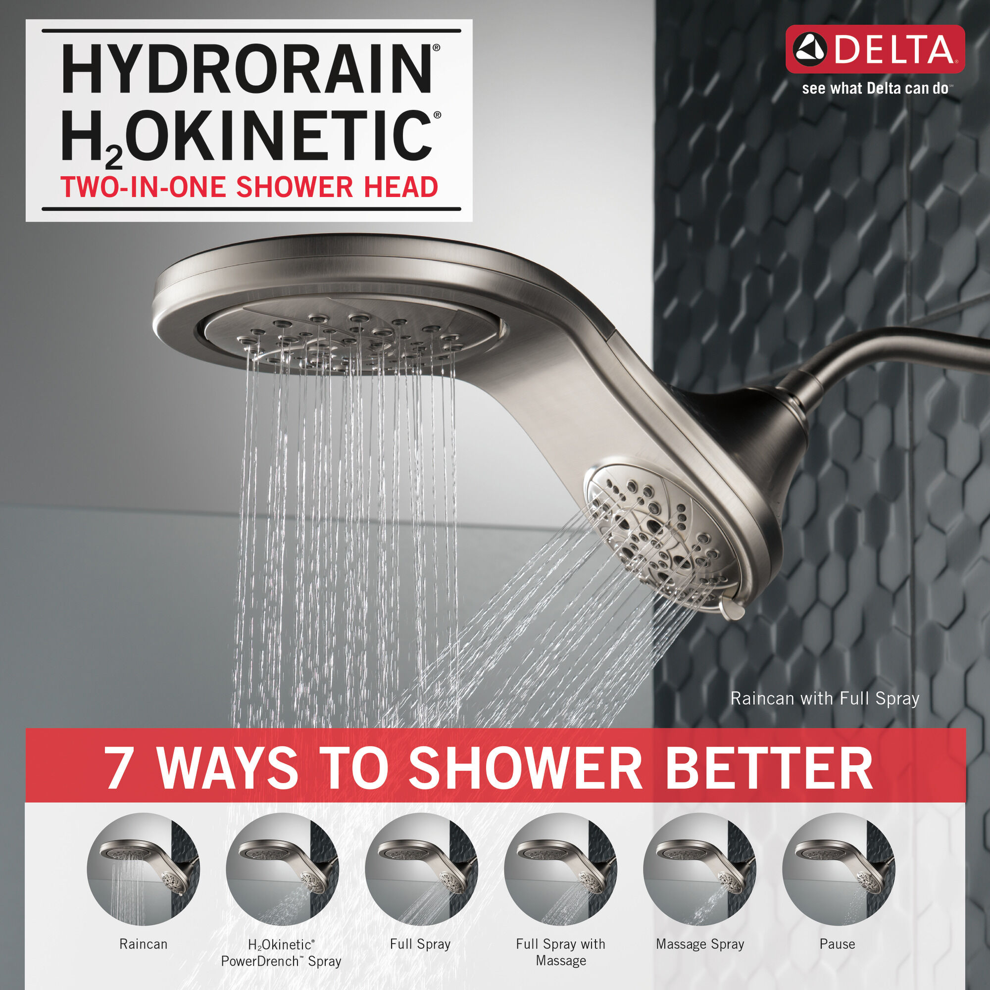 HydroRain® H2Okinetic® In2ition® Душ два в одном с 5 настройками Delta Faucet 58581-SS-PK - Вид №7