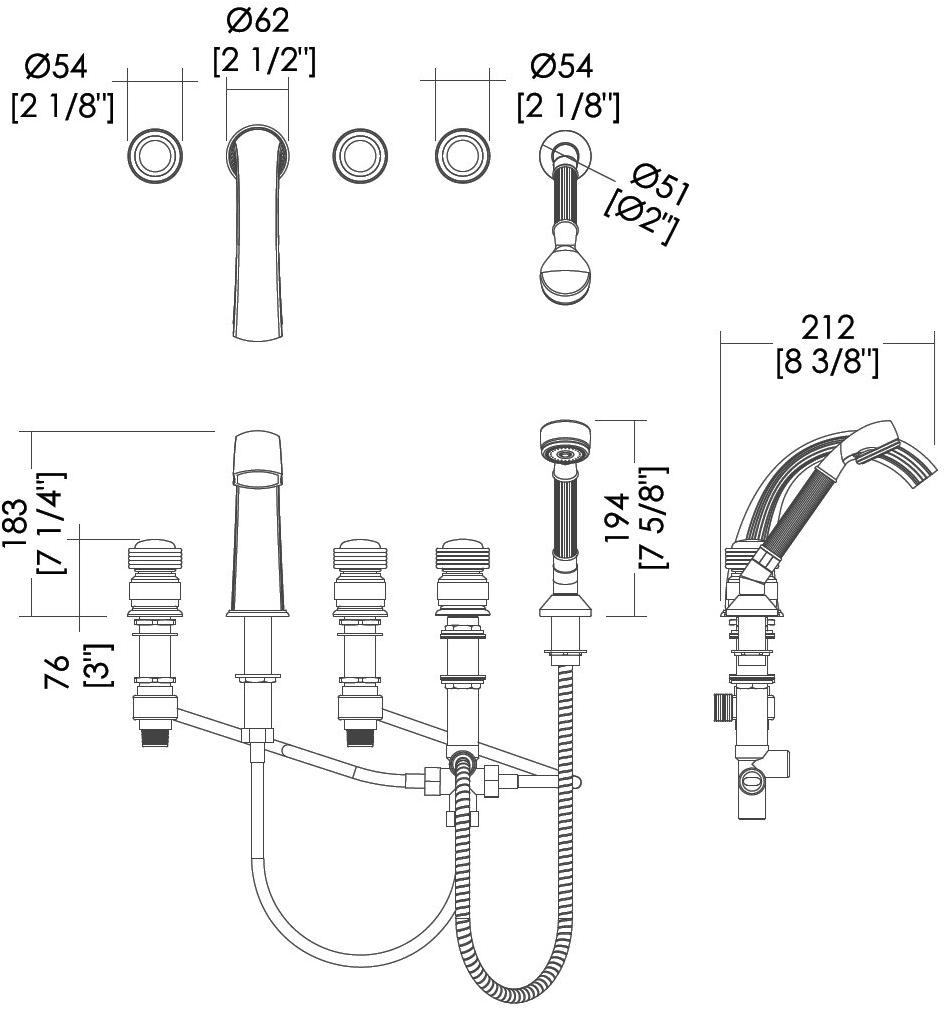Devon&Devon Комплект для ванны на 5 отверстий с ручным душем Royal Exc-ry150 - Вид №1