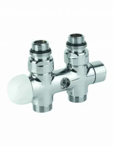 Carlo Poletti V37510I Клапан термостатический одно/двухтрубный с by-pass и держателем, центральное подсоединение. Версия угловая с подключением медной или пластиковой трубы. Межосевое расстояние 50 мм.