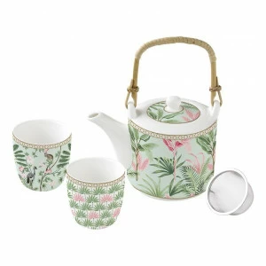Чайник фарфоровый с ситечком с 2 чашками зеленые "Тропики" EASY LIFE COFFEEMANIA & ATMOSPHERE 00-3947023 Белый;зеленый
