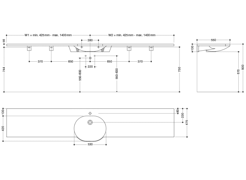 950.11.621S Умывальник различной длины HEWI Waschtische  - Вид №1