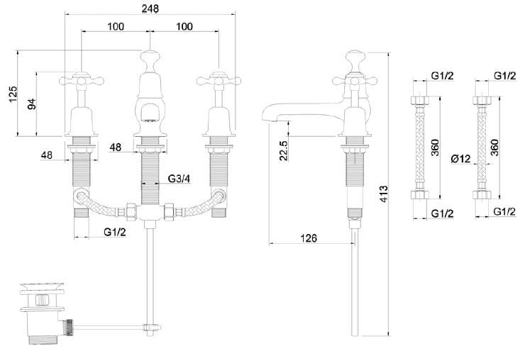 Смеситель для раковины с 3 отверстиями Burlington BIRKENHEAD ARCH-00010025 - Вид №3