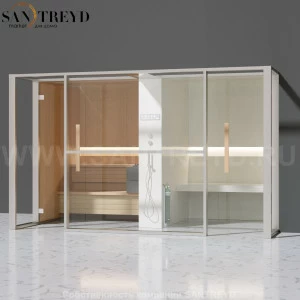 Effegibi LOGICAFILO LO11020005 Комбинированная баня: хаммам и сауна. Установка: в правый  полуугол. Мощность: 10,5 кВт макс. Размеры: длина 373 см, ширина 250 см. Отделка: канадский хемлок, матовый лакированный белый аллюминий и серый ламинат из керамогра