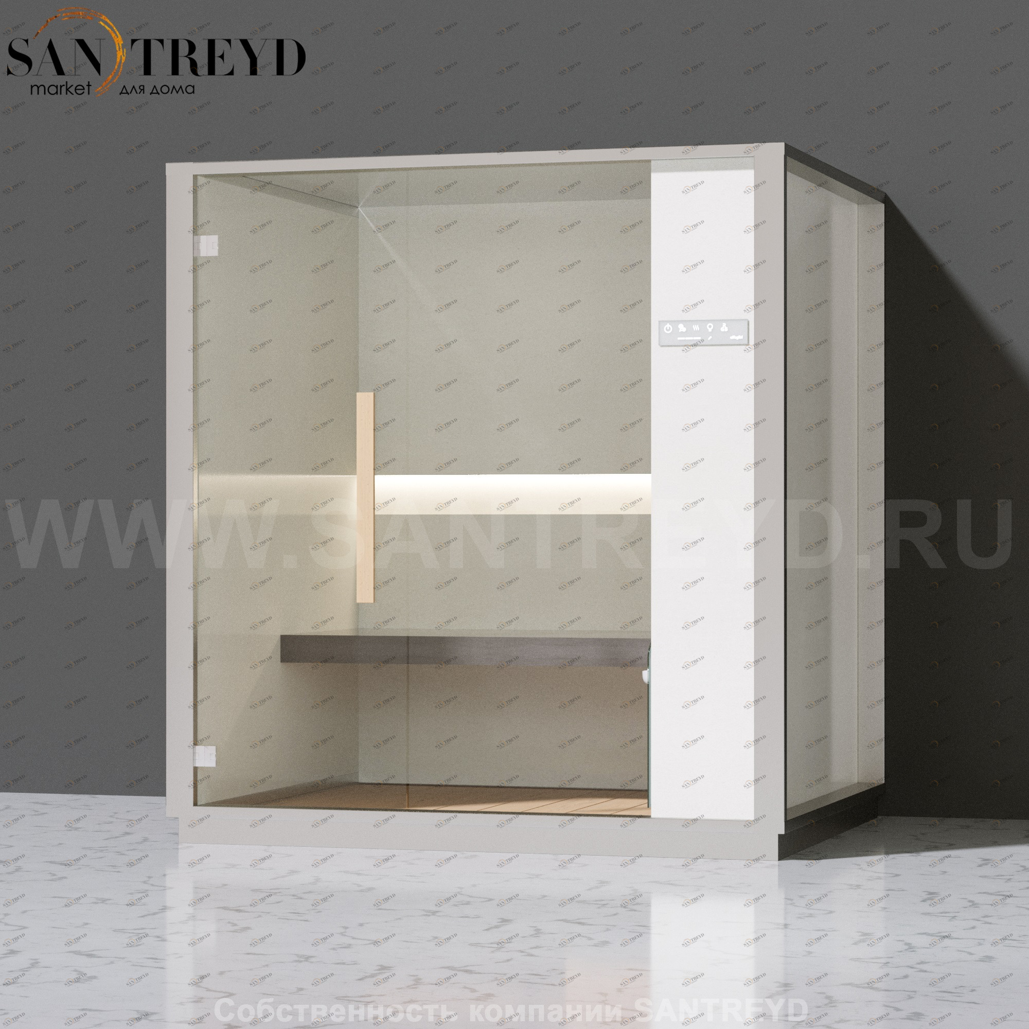 Effegibi ONE H LO60020001 Хаммам. Установка: к стене. Правая дверь. Мощность: 4,5 кВт макс. Размеры: длина 214 см, ширина 171 см. Отделка: Отделка: матовый лакированный белый аллюминий и серый ламинат из керамогранита.