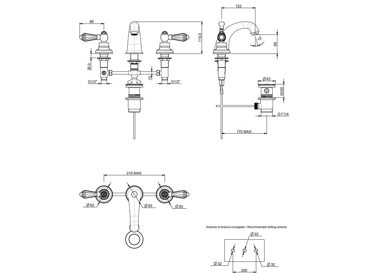 Смеситель для раковины с 3 отверстиями Rubinetterie Frattini Lybra M Style ARCH-00136511 - Вид №2