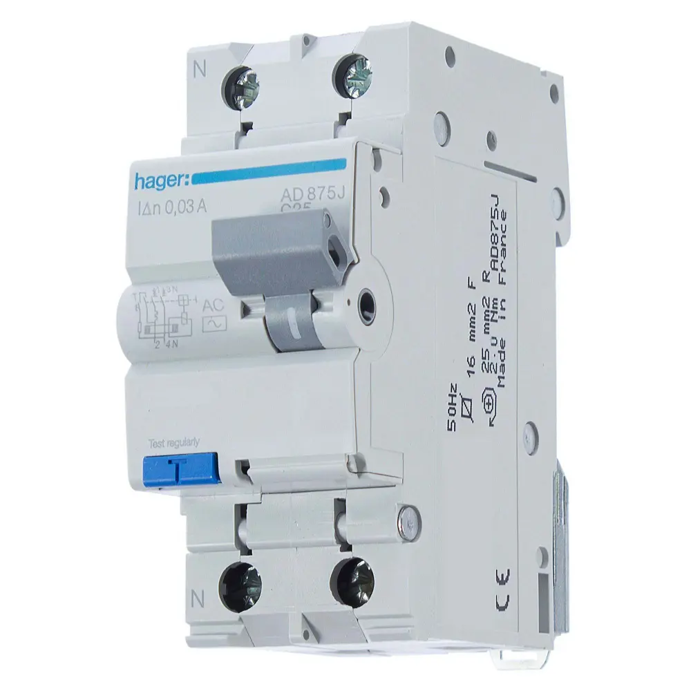 Дифференциальный автомат Hager AD875J 1P N C25 A 30 мА 4.5 кА AC STLM-2009502 - Вид №1