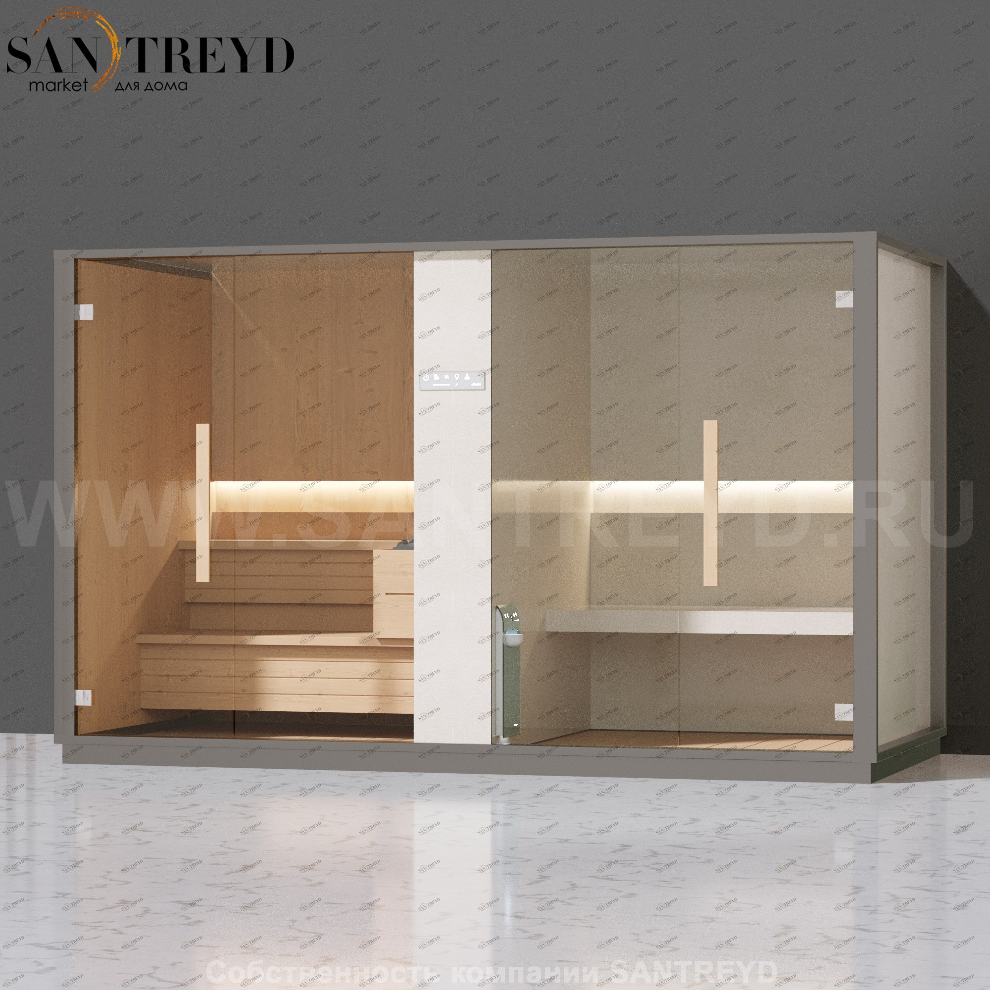 Effegibi LOGICA SH LO40010001 Комбинированная баня: хаммам и сауна. Установка: к стене. Мощность: 10,5 кВт макс. Размеры: длина 373 см, ширина 171 см. Отделка: канадский хемлок, матовый лакированный серый аллюминий и бежевый ламинат из керамогранита.