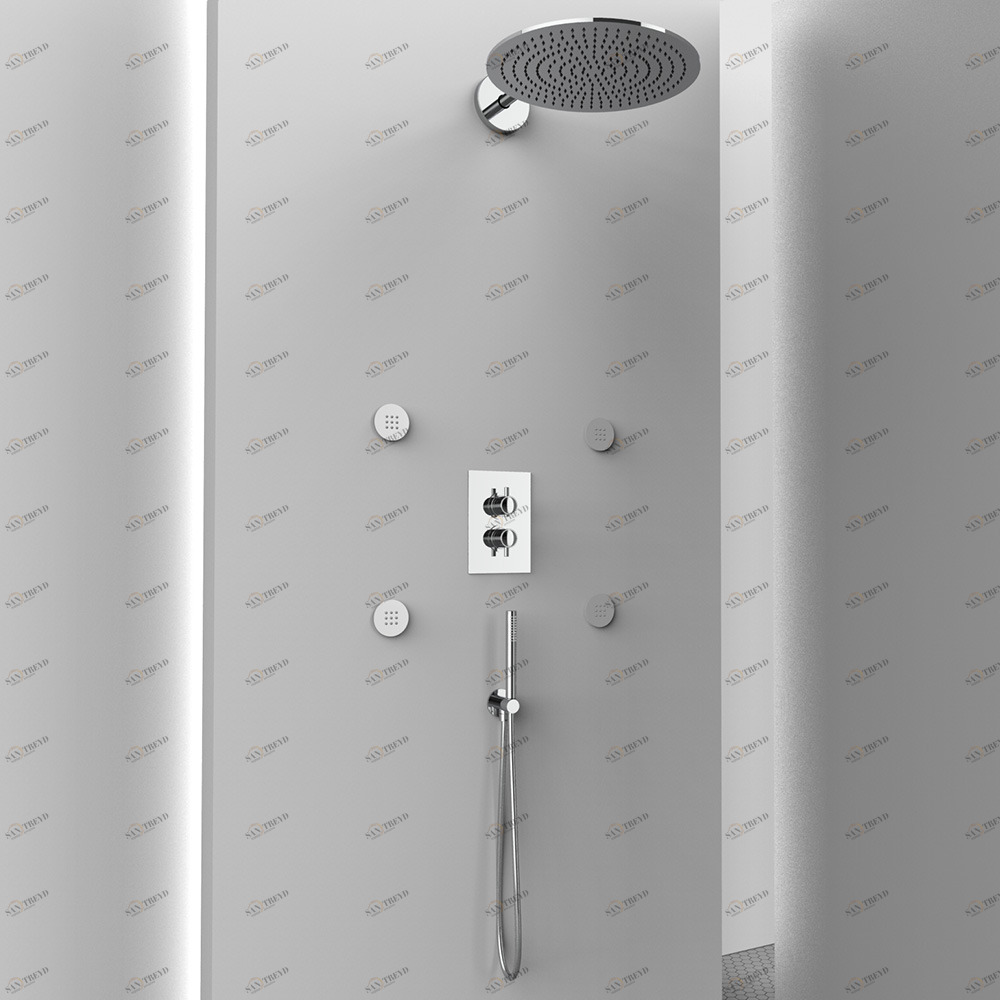 Graffio Круглая внутренняя часть душа. <br /> Кронштейн, лейка для душа, 3-х сторонний термостат, <br /> подключение к водопроводу с / прилив, душ и гибкий шланг, 4 жетона. AM030 T 