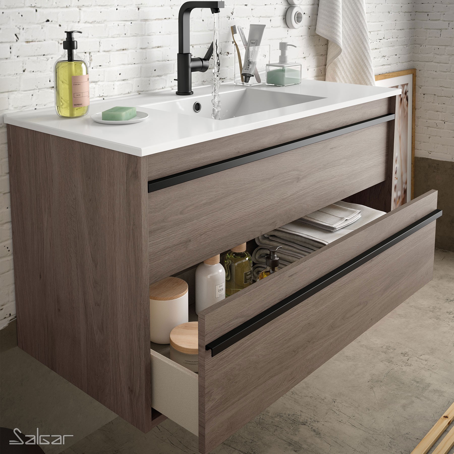84940 SALGAR Комплект мебели для ванной ATTILA 600 ETERNITY OAK + Раковина + Зеркало + Свет Робл Вечность - Вид №1