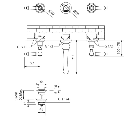 Настенный смеситель для раковины с 3 отверстиями Park Avenue Caruso ARCH-00094042 - Вид №2