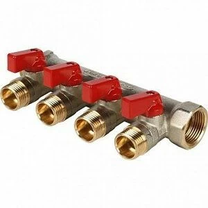 Коллектор с шаровыми кранами 3/4" STOUT 4 выхода 1/2", красные ручки