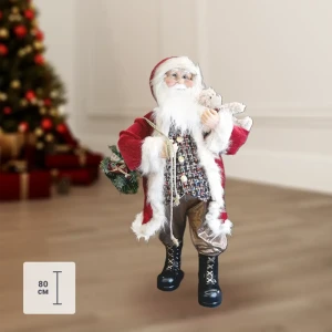 Фигурка декоративная «Дед Мороз с мишкой», 80 см, пластик, цвет красный/золотой