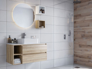 Деревянный подвесной умывальник с ящиками