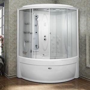 Душевой бокс «ВИРСАВИЯ» (левое  исполнение), чаша ванны, рама-подставка, слив-перелив полуавтоматический, фронтальная панель, боковые стенки, центральная стойка, крыша, стеклянные шторки (прозрачные), вертикальный душ "Тропический дождь", смеситель, излив