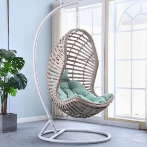 Подвесное кресло из искусственного ротанга с имитацией под кожу бежевое с зеленой подушкой AFINA  00-3861440 Бежевый