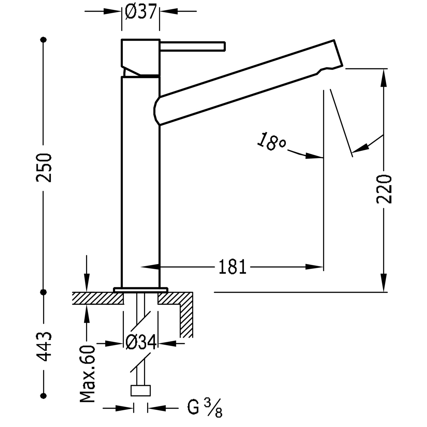МАКСИМАЛЬНО высокий смеситель для умывальника с одной ручкой-06220601 TRES  - Вид №1