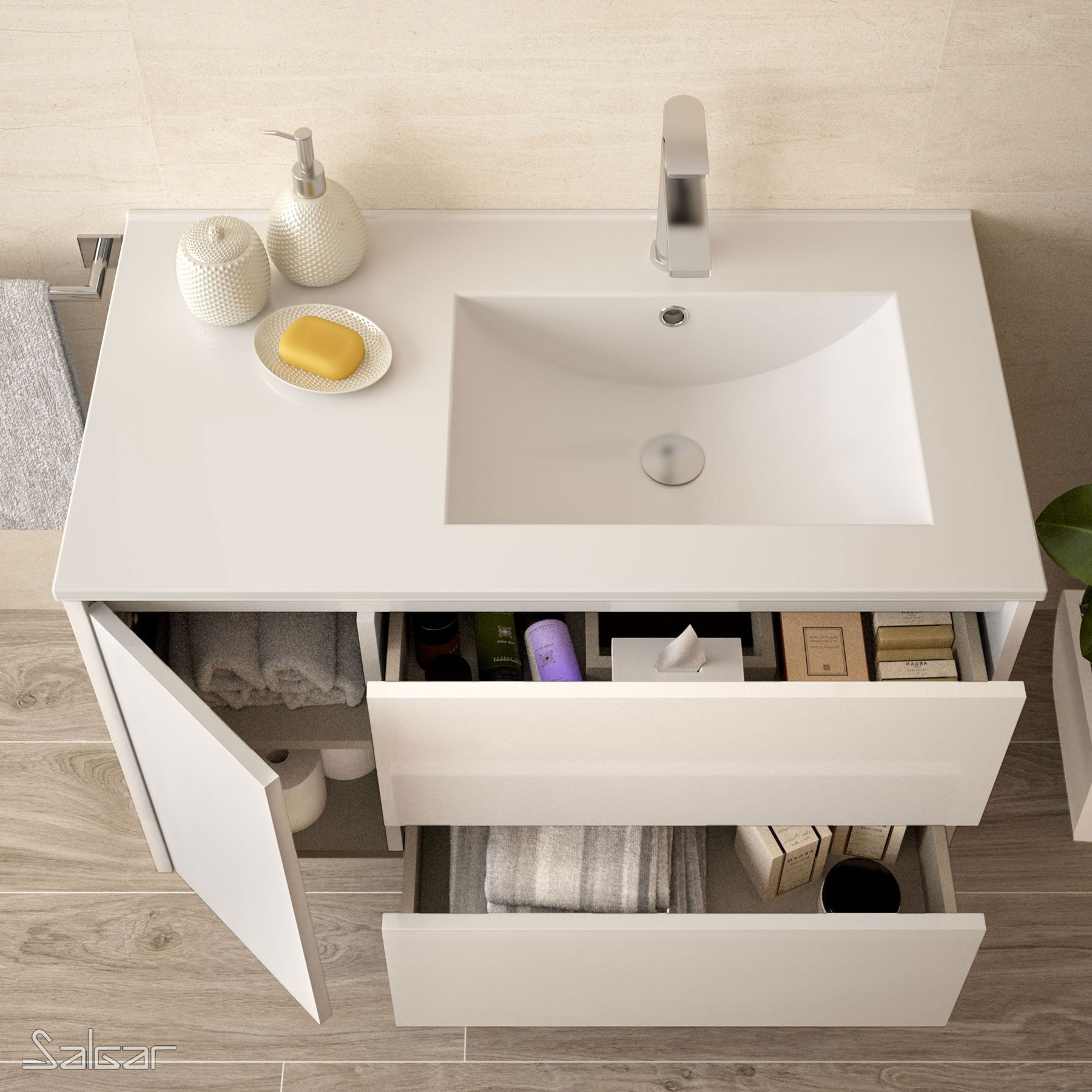 85058 SALGAR Комплект мебели для ванной NOJA 855 левая дверь WHITE GLOSS LACQUERED + Раковина + Зеркало + Свет Глянцевый белый - Вид №1