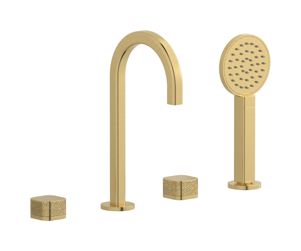 Смеситель на бортик ванной на 4 отверстий с дивертером и душевым гарнитуром. WE ARE IB eo396os_2 Brushed Gold Elio
