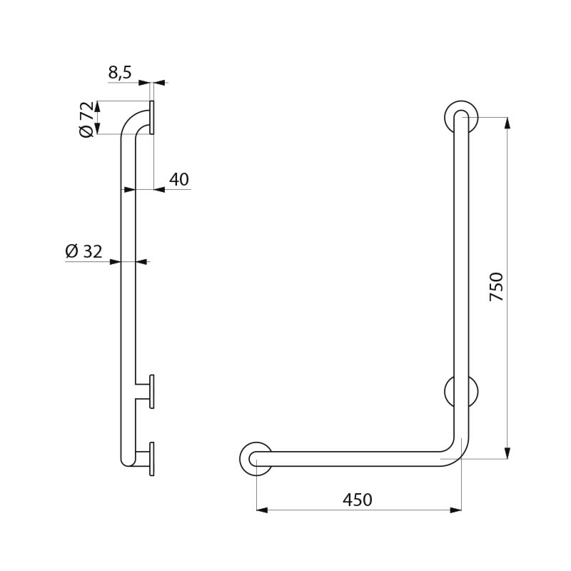 5070GS L- образный опорный поручень, матовая сталь, в. 750 мм DELABIE  - Вид №1
