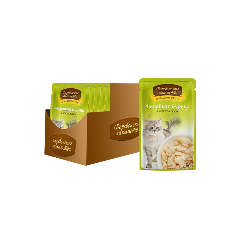 ПР0046896*12 Корм для кошек Филейная курица в нежном желе пауч 70г (упаковка - 12 шт) ДЕРЕВЕНСКИЕ ЛАКОМСТВА 