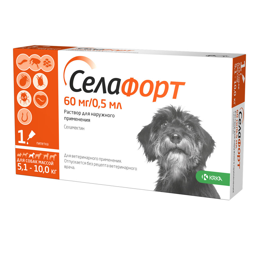 ПР0049143 Р-р для наружного применения для собак Селафорт весом 5,1-10 кг, 0,5 мл (60 мг), шт KRKA 