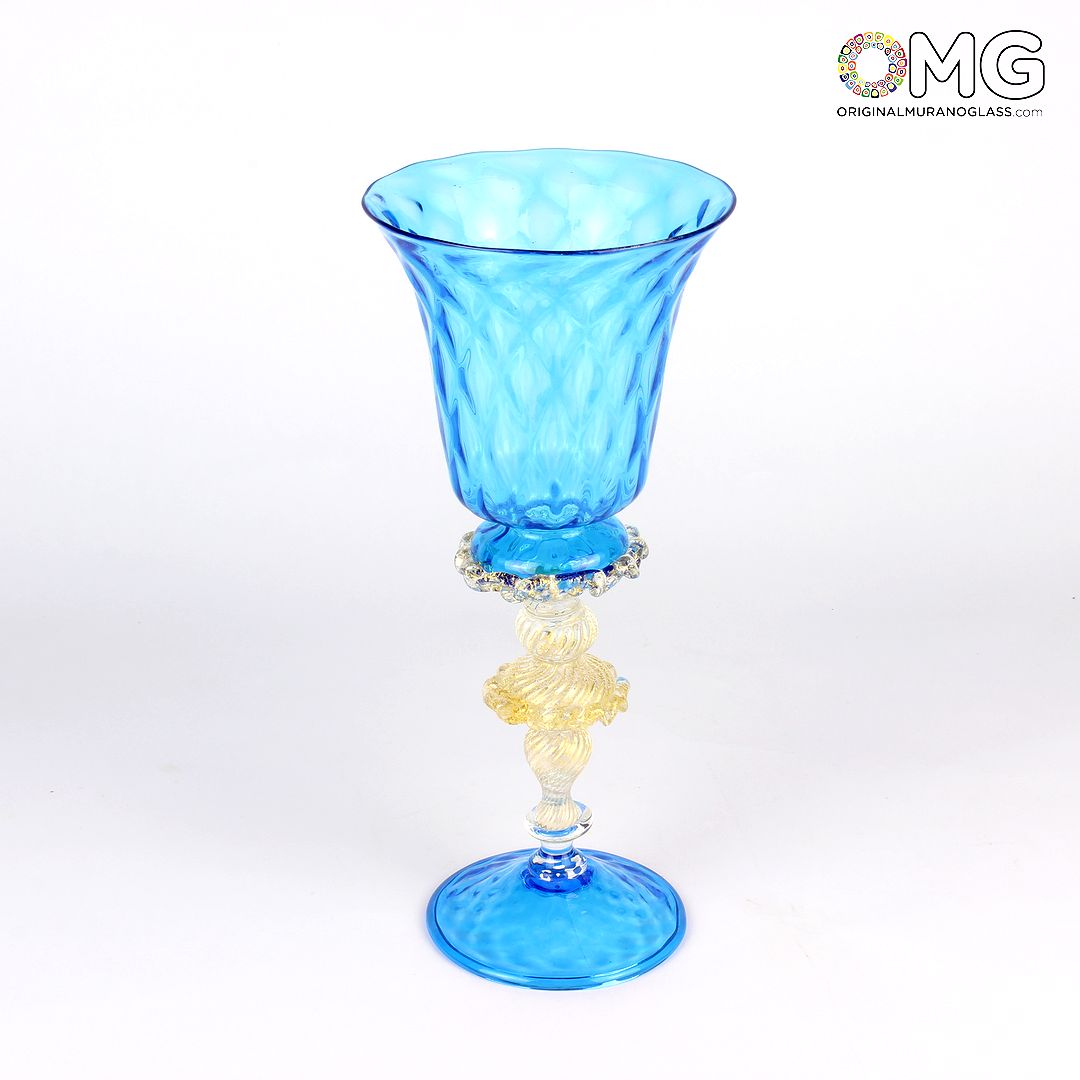 1932 ORIGINALMURANOGLASS Венецианский аквамариновый бокал с фигурной ножкой - муранское стекло 10 см  - Вид №1