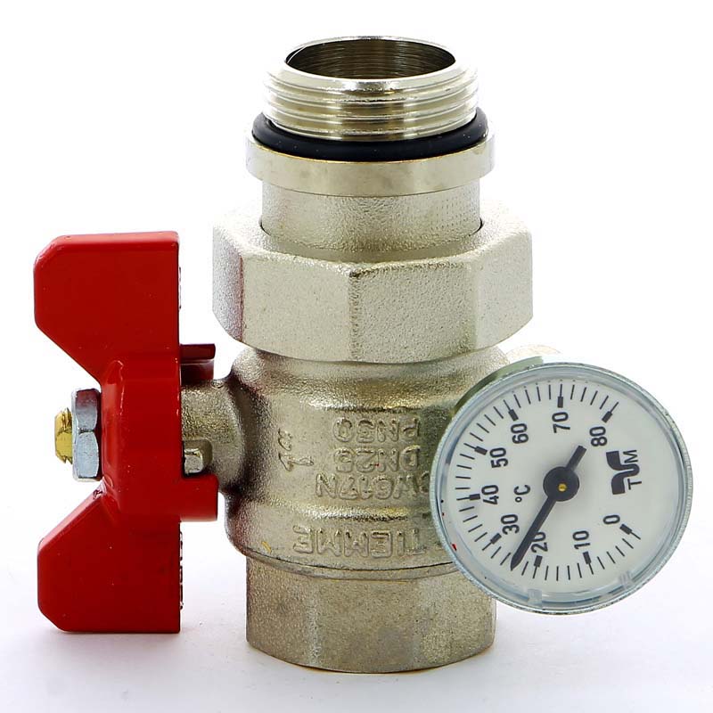 Кран шаровой НВ с разъемным соединением с термометром для коллектора бабочка TIEMME 1" бабочка красная 2120043