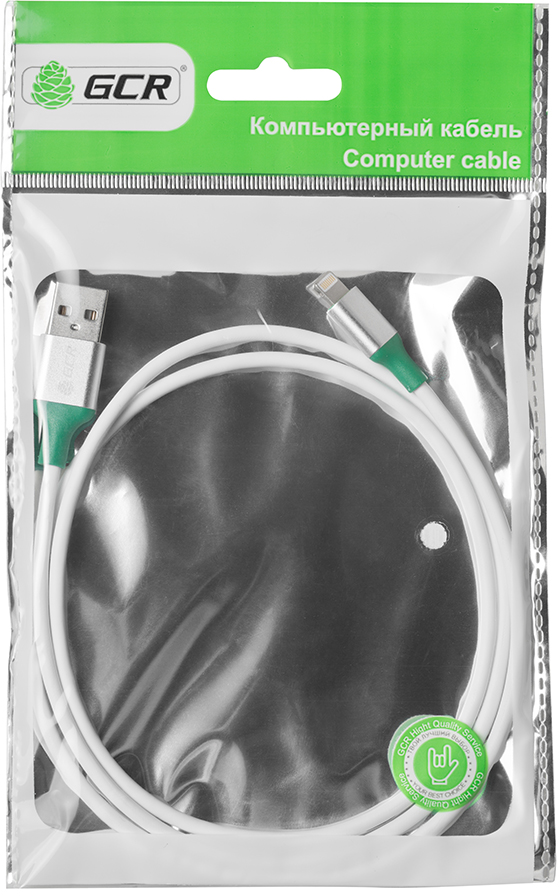 GCR-50504 кабель 3a 0.5m apple usb 2.0 am/lightning 8pin mfi для iphone 5/6/7/8/x - поддержка всех ios, белый, алюминиевый корпус серебро, зеленый пвх Greenconnect Santreyd  - Вид №2