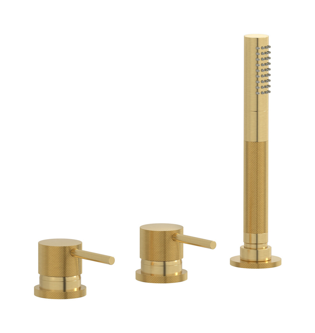 Смеситель на бортик ванной на 4 отверстия с изливом, дивертером и душевым гарнитуром. WE ARE IB id397os Brushed Gold Industria