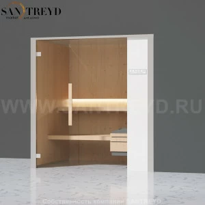 Effegibi ONEFILO S LO51020007 Сауна. Установка: в правый угол. Правая дверь. Мощность: 4,5 кВт макс. Размеры: длина 214 см, ширина 171 см. Отделка: матовый лакированный белый аллюминий и серый ламинат из керамогранита.