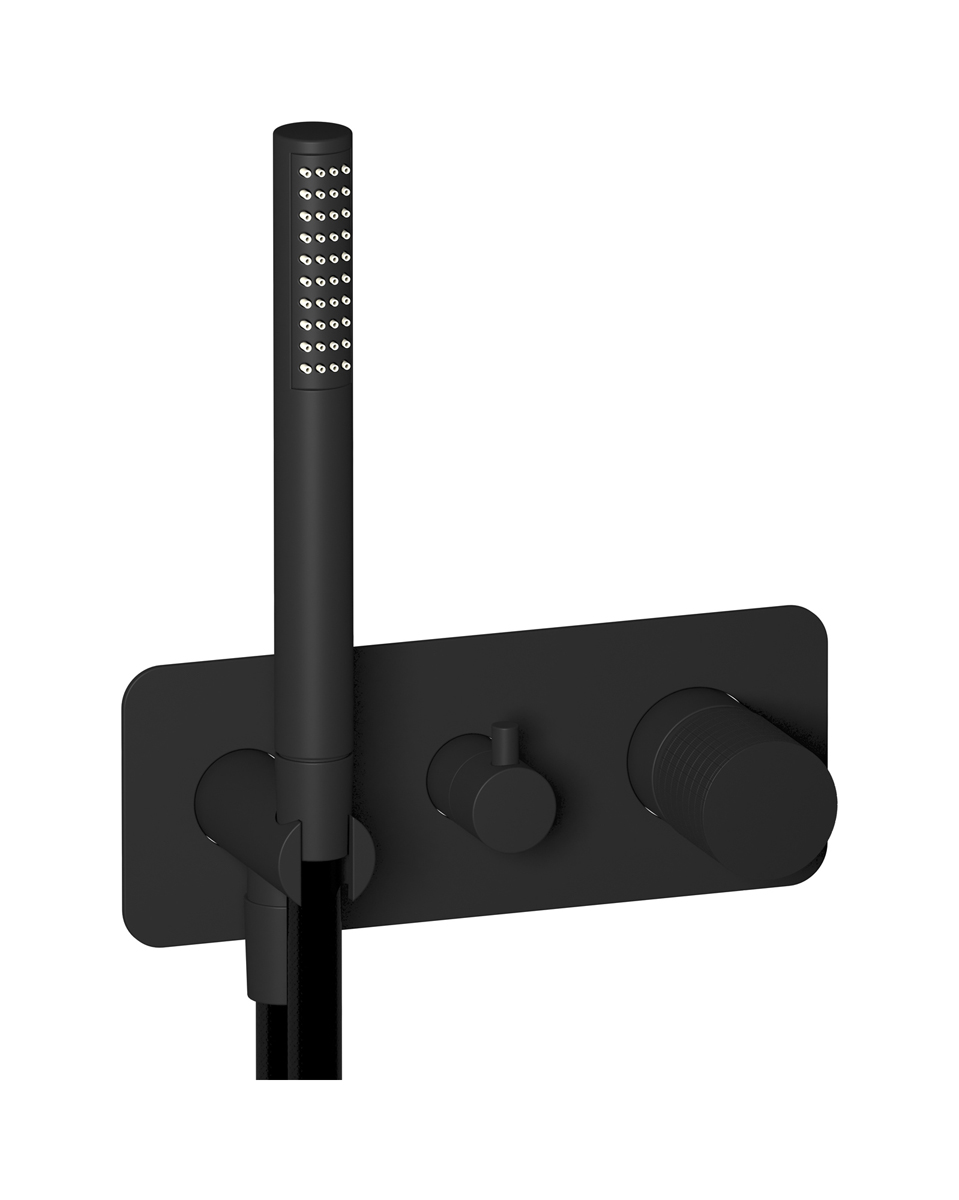 Внешние части встроенного в стену смесителя на 3 потребителя в комплекте с душевым гарнитуром. WE ARE IB ga314np Matt Black Gatsby